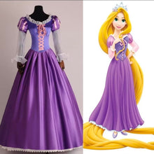 Load image into Gallery viewer, Purple gown of Rapunzel made of satin, polyester and lace