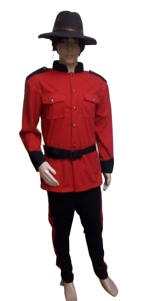 Red top with belt, black pants, black hat